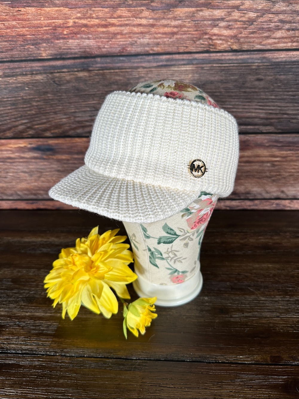 Michael Kors Cream Knit Visor with Gold MK Emblem